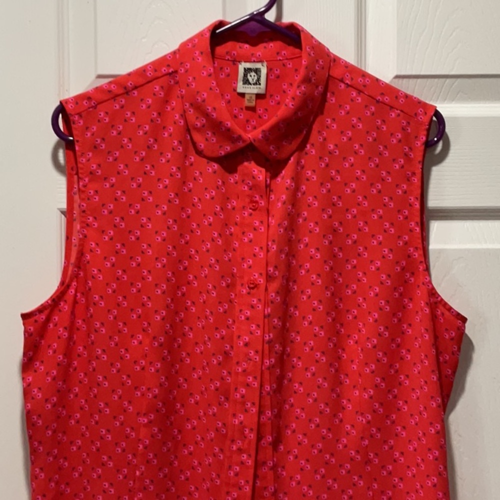 Anne Klein red, blue & pink sleeveless blouse princess seams size 16